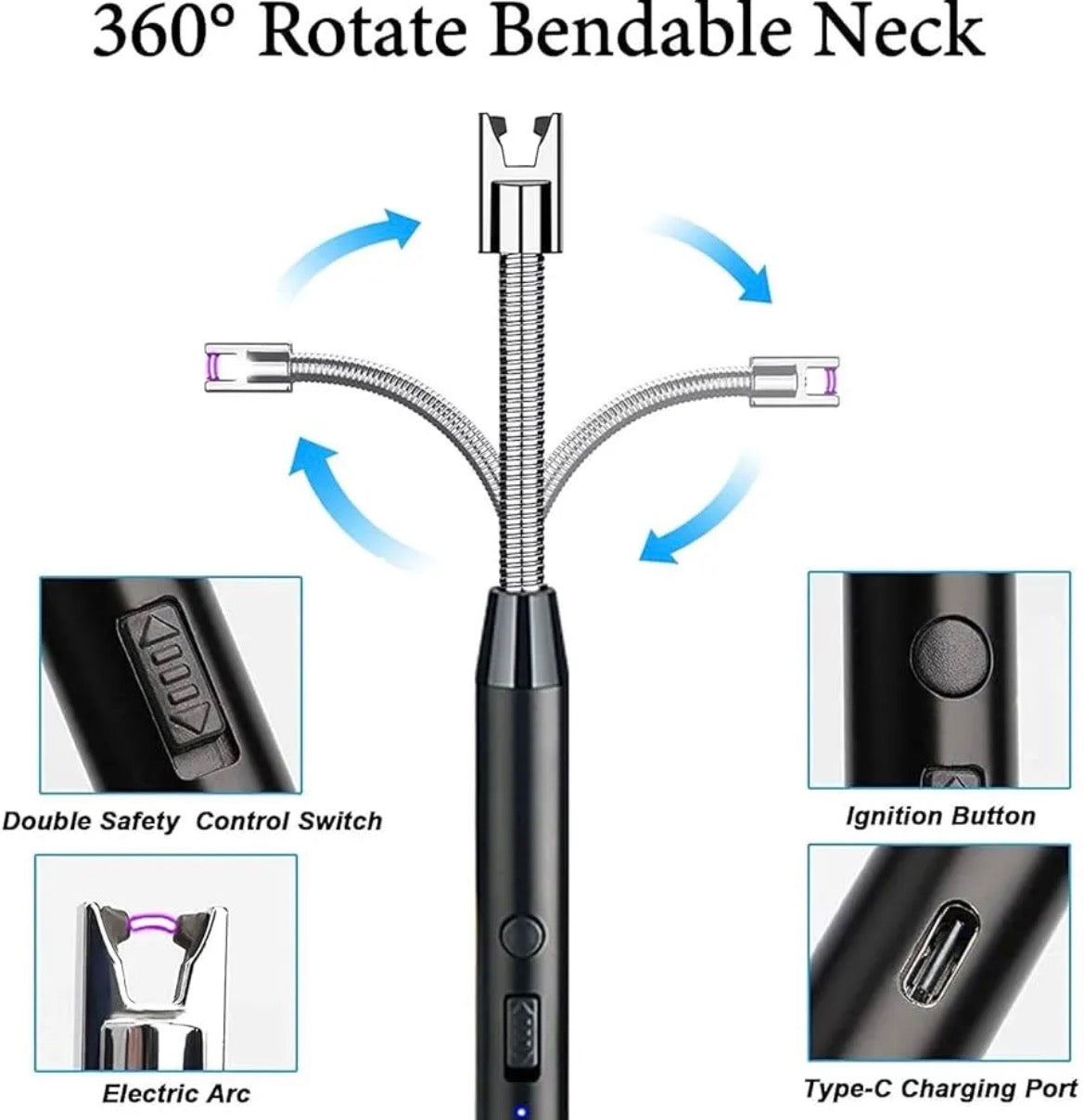 USB Rechargeable Flameless Electric Plasma Arc Lighter – Windproof Long Neck Lighter for Candle Lighting, Stove, and Grill